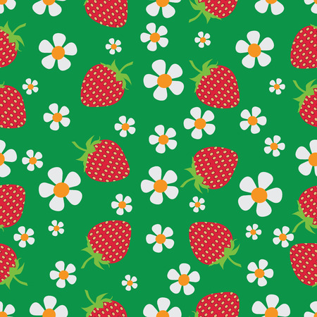 Flowers and berries. Strawberry. Natural product. Seamless pattern on a dark green background. The farmers market, chefs, cooks.のイラスト素材