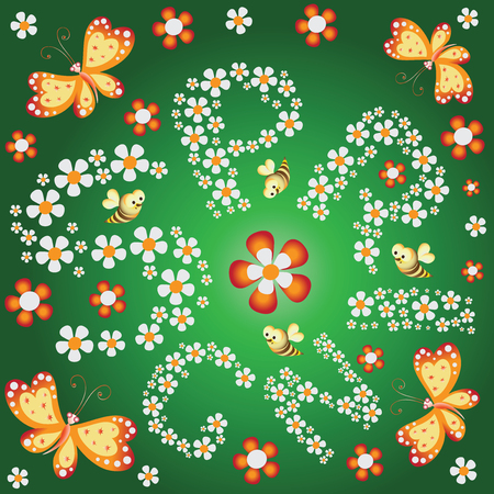 Spring meadow and insects. Vector Image. Children's picture with flowers, butterflies.のイラスト素材