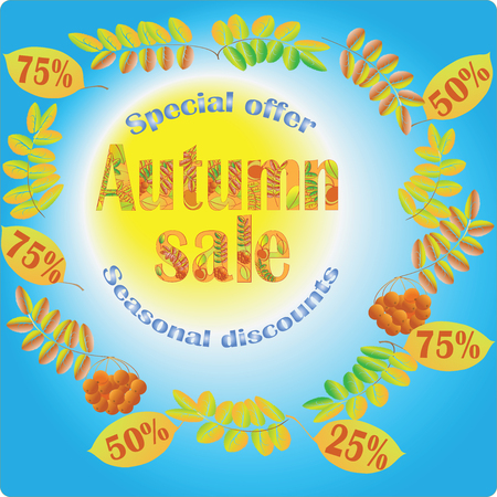 The autumn sale. Special offer. Seasonal discounts. The banner on the blue background.のイラスト素材