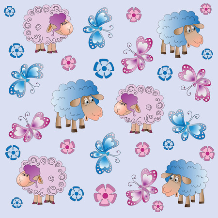 Sheep, flowers and butterflies. Baby pictures. Cartoon characters. Design for a card, textiles, children's books, the background image.のイラスト素材