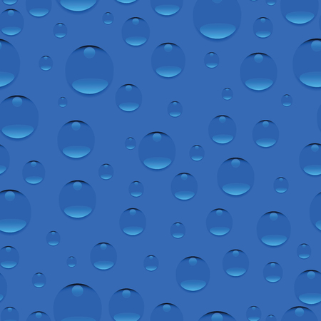Droplets on blue background. Seamless pattern. Realistic pure water, isolated transparent drops. Design for website background, fabric, tapestries, packaging materials, environmental postersのイラスト素材
