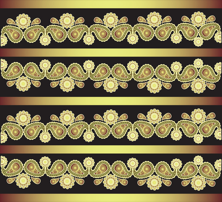 Gold ornament on a black background. Paisley. Indian motifs. Design for greeting card, banner, poster, tapestry, printing on fabric or paper.のイラスト素材