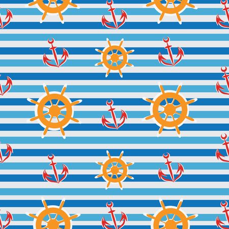 Wheel and anchor of the ship. Striped background. Seamless pattern. Design for textiles, tapestries, paper packaging, goods for children.のイラスト素材