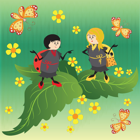 Red and yellow ladybugs. Drawing for kids. Nature. The cartoon characters. Design for banner, poster, children's goods, textiles, emblems, books, and background image.のイラスト素材