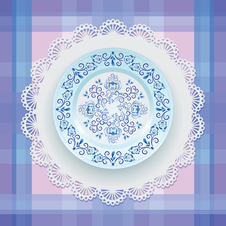 Blue floral ornament on a plate. Tableware. White porcelain with blue pattern round the border. Russian style Gzhel. Lace napkin and checkered background.のイラスト素材