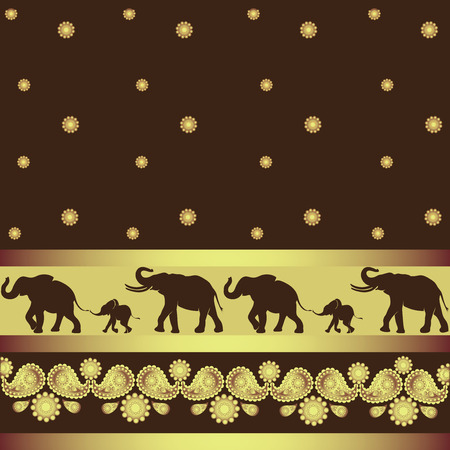 Elephants in the Golden ornament. The background is dark brown. Indian motifs. Design for greeting card, banner, poster, tapestry, printing on fabric or paper.のイラスト素材