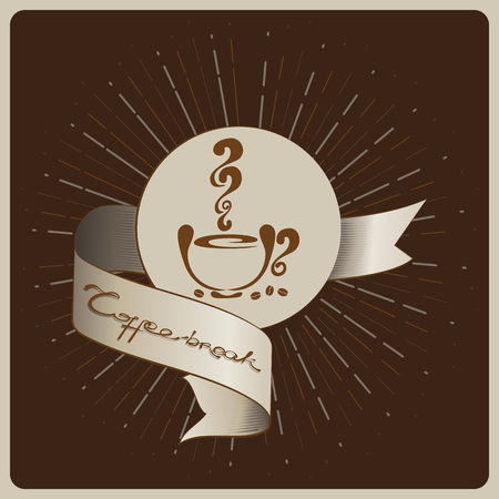 Time for a Coffee break. Logo, label. Hipster style. Light rays, cursive lettering with the phrase "coffee break" on vintage tape. For menu design, banner, poster in vintage style. Vector image.のイラスト素材