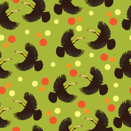 Toucan bird and colored polka dots. Seamless pattern. The nature of the tropics. Exotic bird. Design for a banner, a poster, textiles, paper, books.のイラスト素材