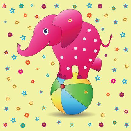 Pink elephant on a ball. Vector image on a yellow background. Picture for the child. Characters of cartoons. Design for illustration of children's books, textiles, background image.のイラスト素材
