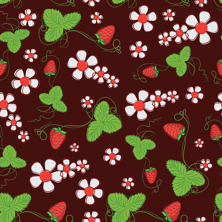 Blooming strawberry with ripe berries. Dark red background. Seamless pattern. Decorative composition for food packaging, farmers market, food products, children's goods.のイラスト素材