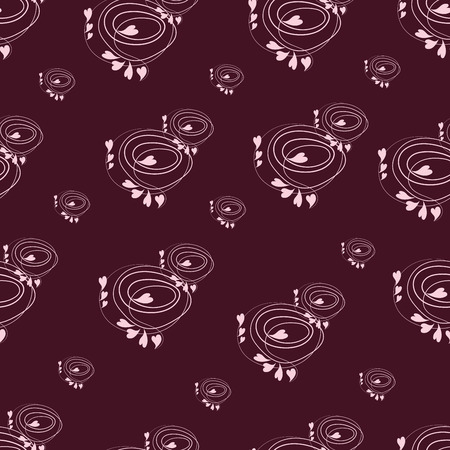 Pink hearts in spirals. Seamless pattern. Abstract composition on a dark red background. Design for textiles, tapestries, packaging materials.のイラスト素材