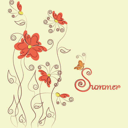 Red flowers, butterfly and signature Summer. Design for greeting cards, logos, posters or banners. Word and abstract flowers and butterflies on a light background.のイラスト素材