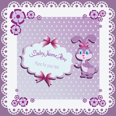 Funny lilac Bunny. Baby shower card. Template invitations, greetings with cute toys, place for your text. The gift box design, with letters and children's illustrations.のイラスト素材