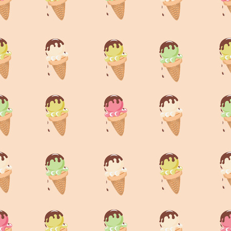 Colorful ice cream with chocolate. Ice cream in waffle cups. Seamless pattern. The background is orange. Design for textiles, napkins, tapestries, tablecloths, wrapping paperのイラスト素材