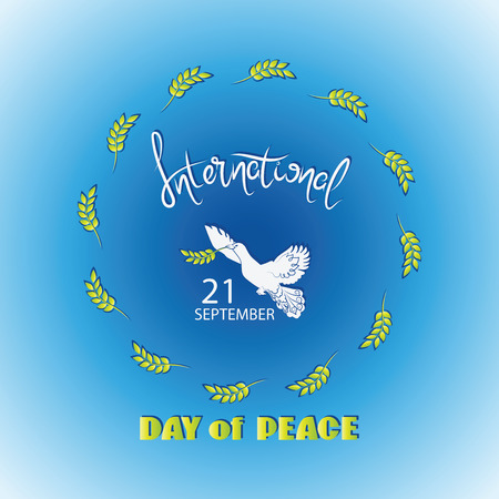 A Dove of peace. INTERNATIONAL DAY OF PEACE. Design for poster, banner, postcards, print on fabric or paper, the icon for the site. Handwritten text.のイラスト素材