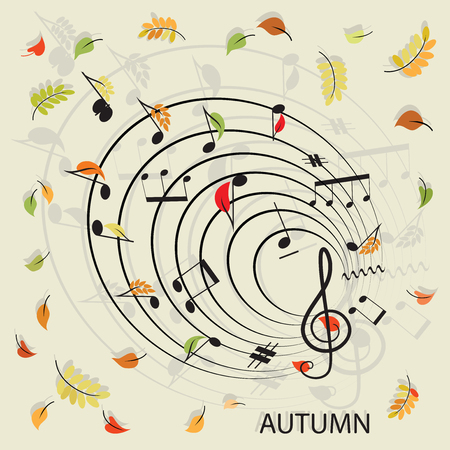 Notes. Music. Leaf fall. Abstract musical composition with a musical conductor and autumn leaves. Design for printing on paper, textiles, ceramics or packaging materials.のイラスト素材