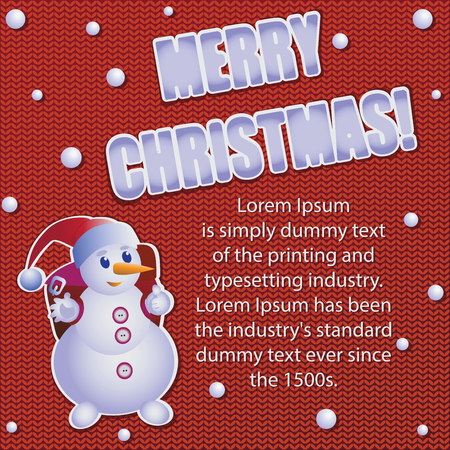 Merry Christmas. Snowman on a knitted background. Banner, poster, postcard. Design for printing on fabric or paper.のイラスト素材