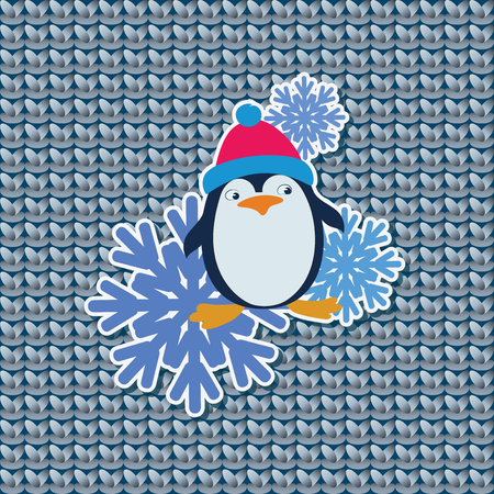 Funny penguin in a red hat and snowflakes. Sticker, emblem on gray knitted background. Design for printing on fabrics, paper, gift wraps.のイラスト素材