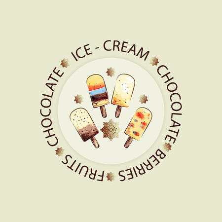 ICE-CREAM, CHOCOLATE, BERRIES, FRUITS. Emblem. Design for menu, poster, textiles and packaging materials with watercolor elements.のイラスト素材