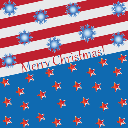Stars and snowflakes on blue and red background. Abstract composition with elements of American symbols. Design for greetings, holiday screensavers.のイラスト素材