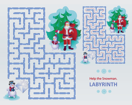 Help the Snowman. Labyrinth. Labyrinth image design for educational game. Santa Claus and Snowman in the style of cartoon characters.のイラスト素材