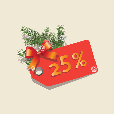 25% off Red tag with a Christmas tree. Discount on the price, a label for an advertising campaign.のイラスト素材