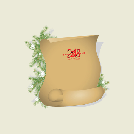 Christmas vintage scroll and sprigs of Christmas trees. Design for a banner, a poster, a postcard with the inscription 2018 Happy New Year and a place for the textのイラスト素材