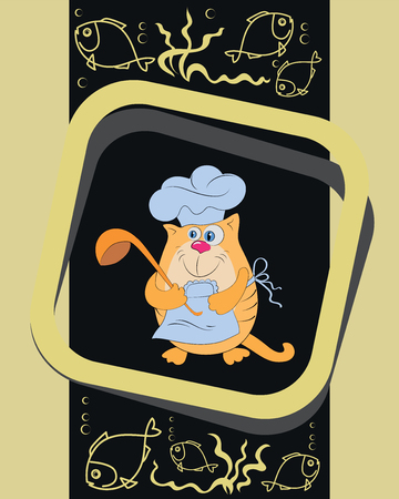 Cat cook and fish. Emblem, banner, poster. Design for the menu, grocery store, printing on fabric or paperのイラスト素材