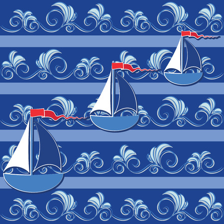 Sailboats on openwork waves pattern, background image, design for textiles, packaging materials.のイラスト素材