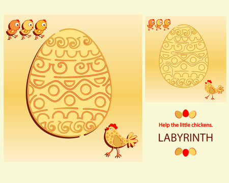 Easter maze. Help the little chickens. Vector image of a maze, educational game. Cartoon characters.のイラスト素材