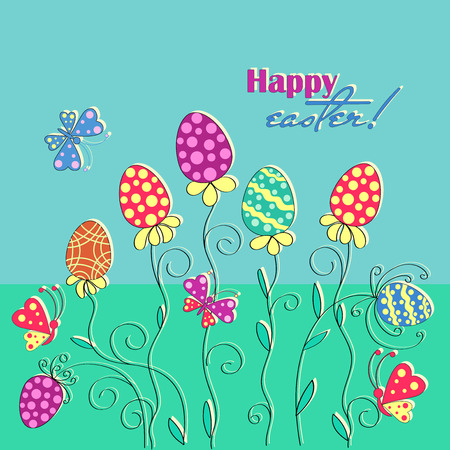 Painted eggs in a floral spring composition.のイラスト素材