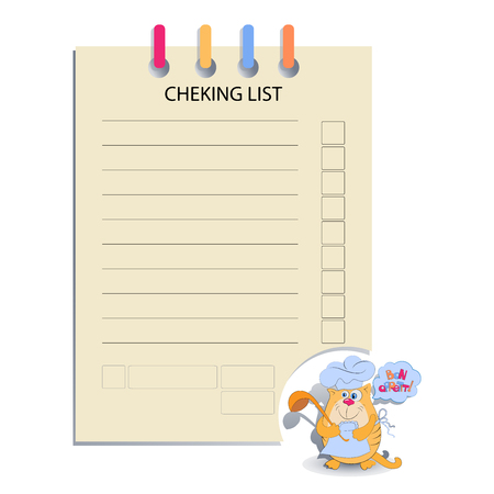 CHEKING LIST and the cat cook. Design for messages, infromation for customers, decorated menus, notes for waiters, or housewives, books for recipes.のイラスト素材