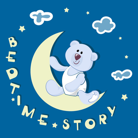 Polar bear-toddler. BEDTIME STORY. Emblem, banner, poster with a polar bear. Design for printing on fabric or paper. Illustration for children's book in cartoon style.のイラスト素材