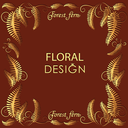 Golden fern. Frame. Poster, card with flower leaves and place for text. The image can be used for decorate wedding, theme cards, invitation cards, monograms.のイラスト素材
