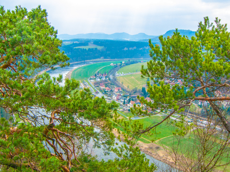 Saxon Switzerland. View of Elbe and Lilienstein. Spring landscape. View from above. The nature reserve. Germanyの写真素材