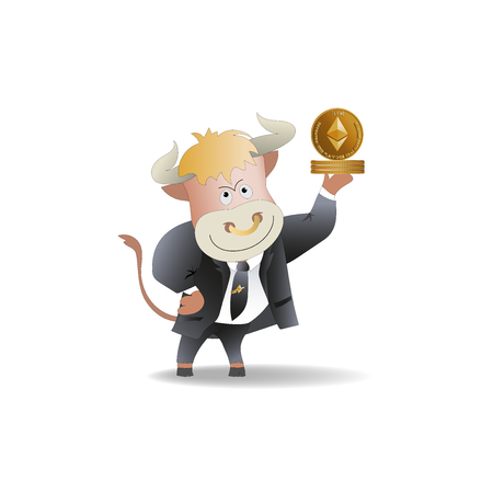 Bull businessman demonstrates Ephyrium. Cryptography, an illustration of financial technologies, the strategy of playing on the exchange. Cartoon style.のイラスト素材