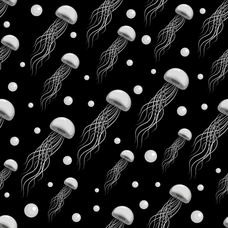 The sea of ??jellyfish. Seamless pattern. Raspberry jellyfish and air bubbles on a black background. Flat style. Design for textiles, packaging materials, wallpapers.のイラスト素材