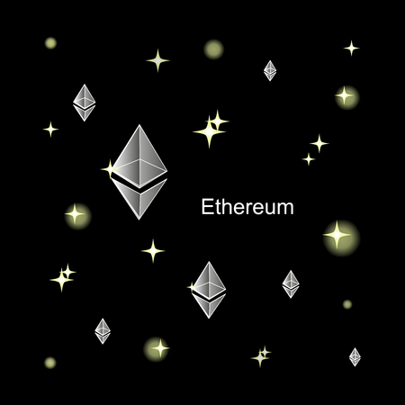 Silver Ethereum. The virtual world of crypto-currency. A digital currency sign on a dark cosmic background. Cryptography, illustration of financial technologies. Used for printed materials.のイラスト素材