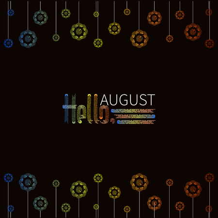 Hello, August. An inscription with ornament from flowers. Design of a summer banner, a poster for messages about sales, promotions, discounts.のイラスト素材