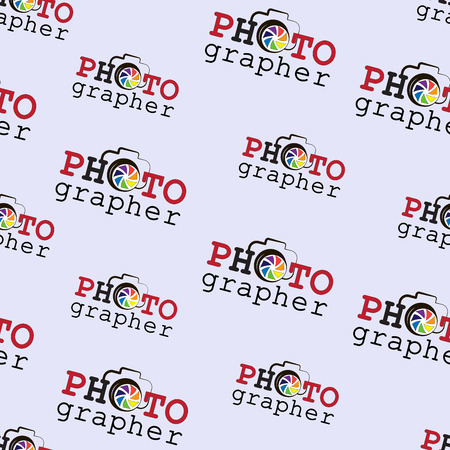 Photo camera symbol with rainbow diaphragm. Seamless pattern. Composition, with words and color diaphragm. Design background for the site, studio, atelier, textiles, tapestries, packing materials.のイラスト素材