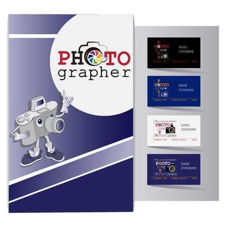 Poster with an amusing character and business cards for a photographer. Set. Design of business cards for photo studio, atelier.のイラスト素材