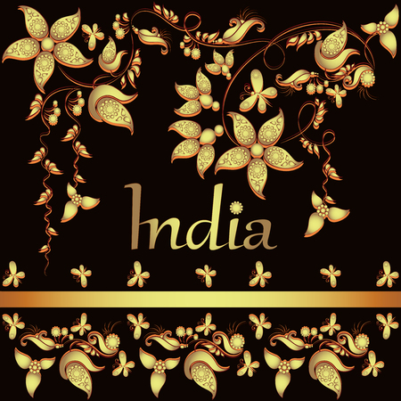 India. Golden ornament with flowers and butterflies on a black background. Design of the poster, greeting cards for Independence Day. The text in the template. August 15 Independence Day of India.のイラスト素材