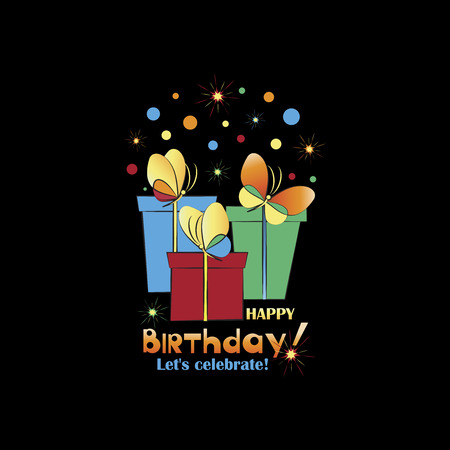 Holiday gifts with butterflies and fireworks. Happy Birthday! Let's celebrate! Celebratory message on a black background. A bright invitation for a birthday.のイラスト素材