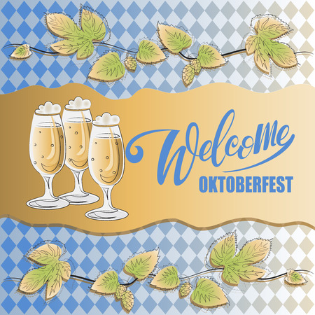 Welcome. Oktoberfest. Inscription, branches of hops and beer. Poster, logo for the festival. Composition with handwritten text and branches of hops with leaves on a checkered background.のイラスト素材