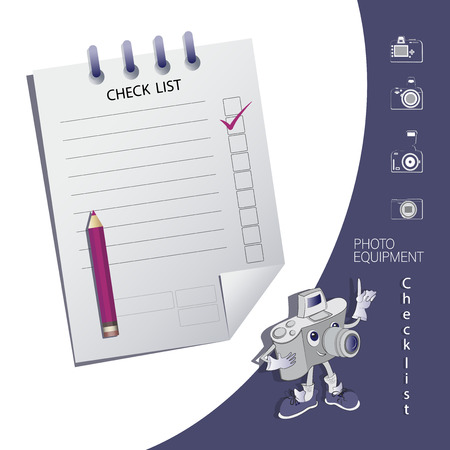Check list with amusing character and the range of cameras. To do list isolated on blue background. Place for text. Design for shops of the photo equipment for the photographers, photo of studios.のイラスト素材
