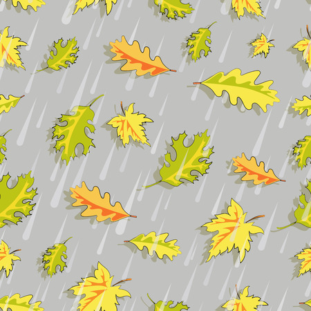 Autumn rain. Falling leaves. Seamless pattern. Raindrops and falling leaves on a gray background. Design for background, textiles and packaging materials.のイラスト素材