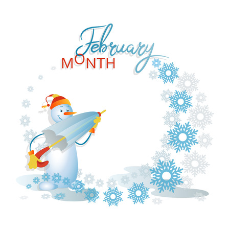 Snowman with an umbrella. February is a month. Ice and flying snowflakes on a light background. Composition with space for text. Design for poster, advertisement, calendarのイラスト素材