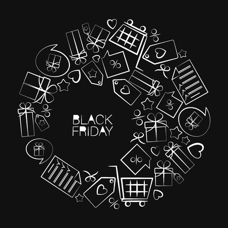 Black Friday. White signs arranged in a circle. Web banner, logo, emblem and label. Inscription design template with bright signboard, black and white poster.のイラスト素材