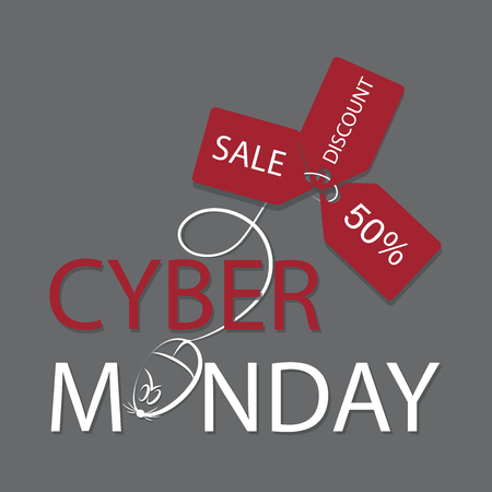 Cyber ??Monday. Three red tags. Background gray. Big sale, discounts on computer equipment. Deal offer. Concept of sales notice, e-commerce, delivery service.のイラスト素材