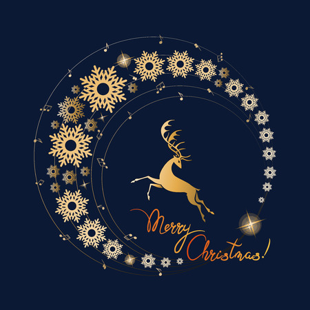 Noble deer in the golden circle Merry Christmas! Melody of winter. Running deer on a dark background. Poster, a postcard with a textのイラスト素材